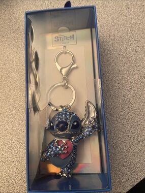 Disney Blue Crystal Stitch Keychain with Pink Heart Accent